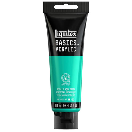 Pintura acrílica Liquitex 1046339 Basics, 118 ml, Verde Aqua Metálico, Pintura Acrílica para Artistas, Altamente Pigmentada, Resistente a la Luz, Viscosidad Media, Brillo Sedoso, Opaca, Ideal para Lienzo, Madera y Papel