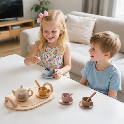 Tea Party Set for Little Girls 1-3 Kids Tea Set with Silicone Teapot Cups Coasters Carrying Scoop Wooden Tray, Kitchen Accessories Pretend Play for Girls Boys Age 3 4 5 (15 Pcs)