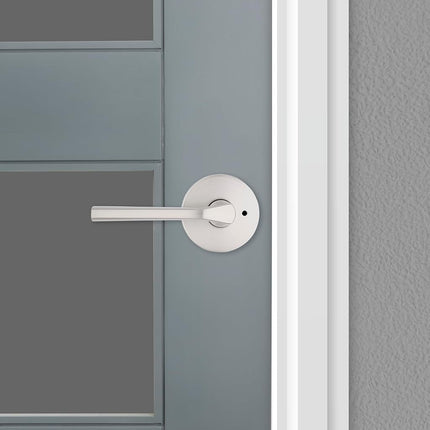 Kwikset Lisbon Interior Privacy Door Handle with Lock, Round Lever for Bathroom and Bedroom, Satin Nickel Reversible Keyless Push Button Lock Door Lever, with Microban Protection