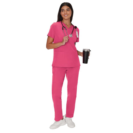 Hanes Women's Scrubs Healthcare Top, Moisture-Wicking Stretch Scrub Shirts, Ribbed Back Panel, Fuchsia Pink, M