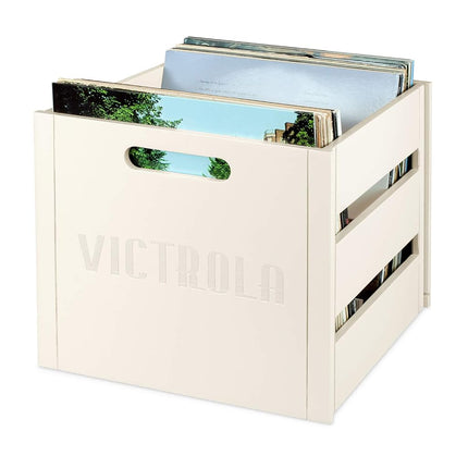 Victrola Caja de madera para discos - Soporte de álbumes de vinilo de mesa, montaje sin herramientas, capacidad para más de 50 discos, construcción de madera real, diseño elegante (Madera)