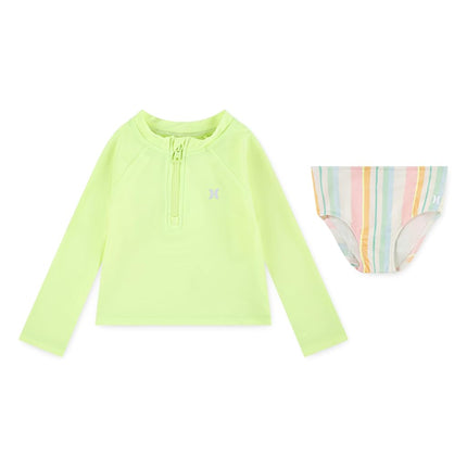 Conjunto de traje de baño Hurley de dos piezas de manga larga con protección contra erupciones para bebé y niño pequeño, a rayas amarillas/marfil pálido, 9 meses