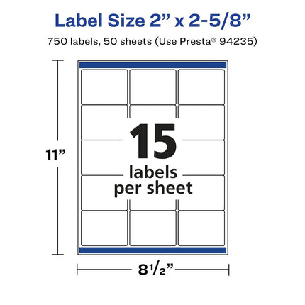 Avery Durable Waterproof Rectangle Labels with Sure Feed, 2" x 2-5/8", 750 Oil and Tear-Resistant Waterproof Labels, Laser/Pigment-Based Inkjet Printable Labels