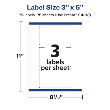 Avery Matte White Removable Rectangle Labels with Sure Feed Technology, Print-to-The-Edge, 3" x 5", 75 Removable Labels, Laser/Inkjet Printable Labels