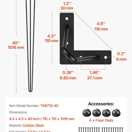 VEVOR Hairpin Table Legs 22" Black Set of 4 Desk Legs 880lbs Total Load Capacity Hairpin Desk Legs 3 Rods for Bench Desk Dining End Table Chairs Carbon Steel DIY Heavy Duty Furniture Legs