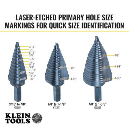 Klein Tools KTSBSPRO Premium 3-Piece Electrician's Step Bit Set with Cutting Oil, Modular Case, 3/8-Inch Hex Shank, Straight Double Fluted