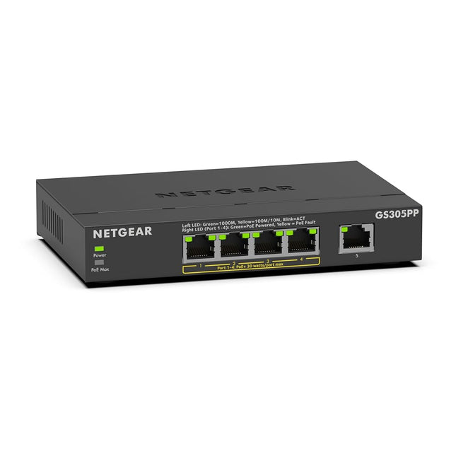 NETGEAR 5-Port Gigabit Ethernet Unmanaged PoE Switch (GS305PP) - with 4 x PoE+ @ 83W, Desktop or Wall Mount