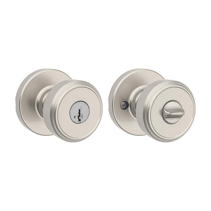 Kwikset Maven Pomo de puerta de entrada con cerradura y llave, manija exterior segura con llave, entrada principal y dormitorio, níquel satinado, seguridad de recodificación SmartKey resistente a robos y Microban