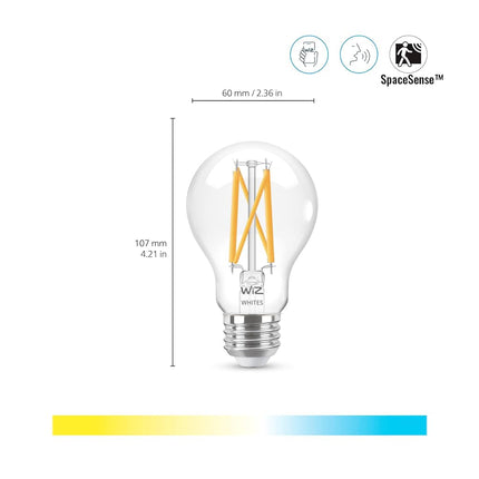 WiZ Clear 60W A19 Adjustable White Filament LED Smart Bulb - Pack of 1 - E26, Indoor - Connects to Your Existing Wi-Fi - Voice or App Control + Motion Activate - Bullet Compatible