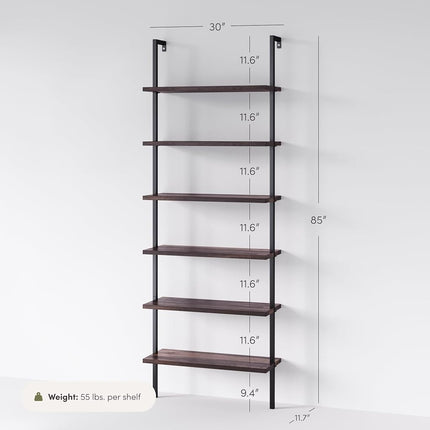Nathan James 65601 Theo 6-Shelf Tall Bookcase, Wall Mount Bookshelf with Natural Wood Finish and Industrial Metal Frame, Nutmeg/Matte Black
