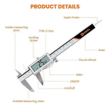 HARDELL Digital Caliper, Rechargeable Calipers with Large LCD Screen