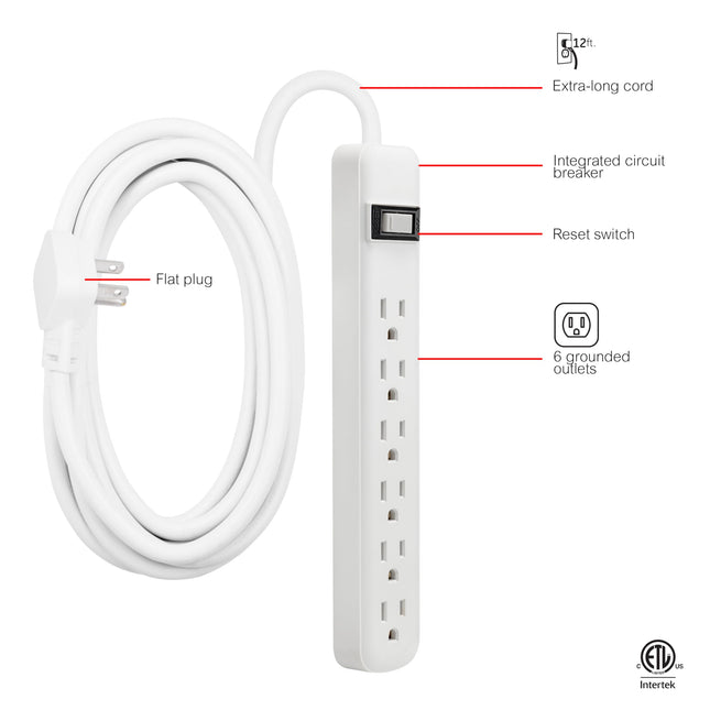 GE 6 Outlet Power Strip, 12 Ft Long Extension Cord, Flat Plug, 3 Prong Outlets, UL Listed, White, 45195