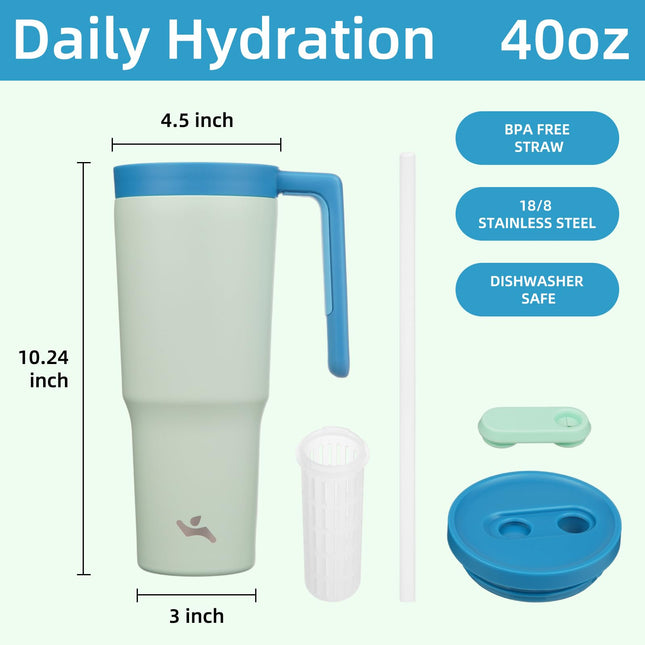 Gobelet isotherme Konokyo avec poignée et paille, bouteille d'eau en acier inoxydable sous vide de 1,2 litre, tasse de voyage en métal avec infuseur de fruits, bleu brumeux