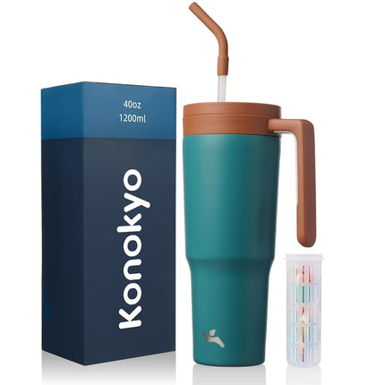 Konokyo Insulated Tumbler with Handle and Straw,40 OZ Vacuum Stainless Steel Water Bottle Travel Mug Metal Cup with Fruit Diffuser,Lake Blue