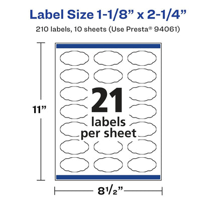 Avery Glossy White Oval Scalloped Labels with Sure Feed, 1-1/8" x 2-1/4", 210 Glossy White Labels, Print-to-The-Edge, Permanent Label Adhesive, Laser/Inkjet Printable Labels