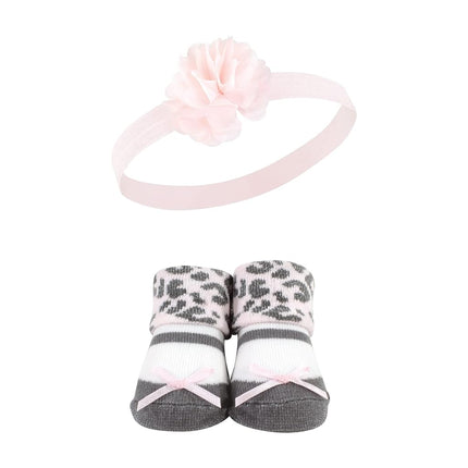 Hudson Baby baby-girls Headband and Socks Set, Pink Leopard, 0-9 Month