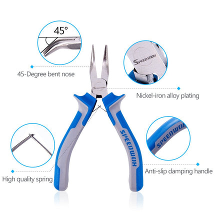SPEEDWOX 5 inch Bent Long Nose Pliers Mini Curved Needle Nose Pliers for jewelry Making 45 Degrees Bent Chain Nose Fine Pliers Functional Micro Professional Tool with Spring Chrome Vanadium Steel