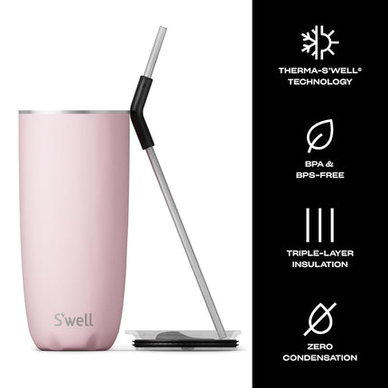 S'well Stainless Steel Tumbler with Straw and Slide-Open Lid, 24oz, Pink Topaz, Triple Layered Vacuum Insulated Containers Keeps Drinks Cold for 18 Hours and Hot for 5, BPA Free