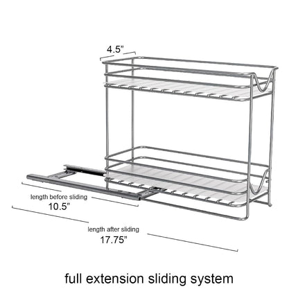 Household Essentials Glidez Powder-Coated Steel Pull-Out/Slide-Out Storage Organizer with Plastic Liners for Spice Rack Use - 2 -Tier Design - Fits Standard Size Cabinet or Shelf, Brushed Silver