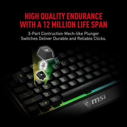 MSI Vigor GK30 RGB Gaming Keyboard, 6-Zone RGB Lighting, Water Repellent & Splash-Proof, Mechanical-Like Plunger Switches, Black