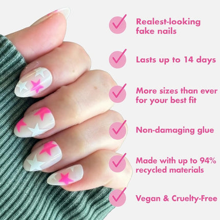 Olive & June Maximalist Instant Mani Press-On Nails (Glue) | 42 Fake Nails, 21 Sizes | Non-Toxic, Long-Lasting Big, Bold Gorgeous Realistic Look | Salon-Quality | Medium, Almond | Neon Star Mixed Pack