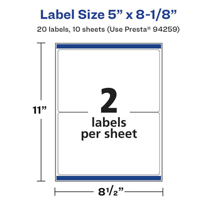 Avery Glossy White Rectangle Labels with Sure Feed, 5" x 8-1/8", 20 Glossy White Labels, Permanent Label Adhesive, Laser/Inkjet Printable Labels