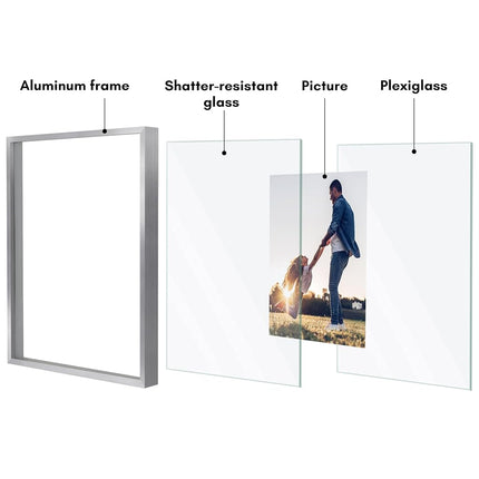 Americanflat Aluminum 11x14 Floating Picture Frame Set of 2 in Silver - Use as 11x14 Picture Frame or 8x10 Floating Frame - Photo Frame with Slim Metal Molding and Plexiglass with Hanging Hardware