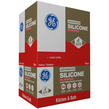 GE Advanced Silicone Caulk for Kitchen & Bathroom, Clear, 10 fl oz Cartridge, 12 Pack - 100% Waterproof Silicone Sealant, 5X Stronger Adhesion, Shrink & Crack Proof