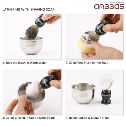 Anbbas Pure Badger Bristles Shaving Brush Black Wood Handle and Refill Soap Bar 100g,Stainless Steel Shaving Stand and Soap Cup Kit Perfect for Men