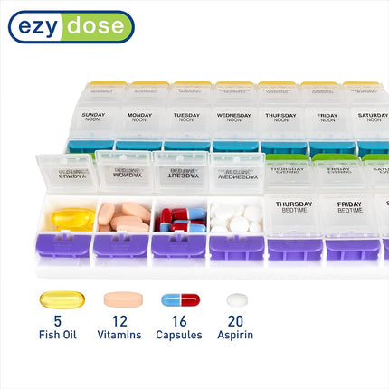 Pilulier hebdomadaire EZY DOSE (7 jours), boîte à vitamines et médicaments, compartiments à bouton-poussoir très grands (2X), 4 fois par jour, couvercles transparents