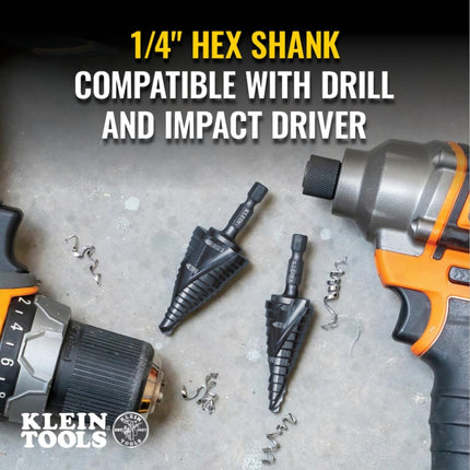 Klein Tools QRST15 Step Drill Bit, Quick Release Spiral Double-Fluted, 7/8 to 1-3/8-Inch, Hex Shank, Cut Steel, Wood, Plastic, Aluminum
