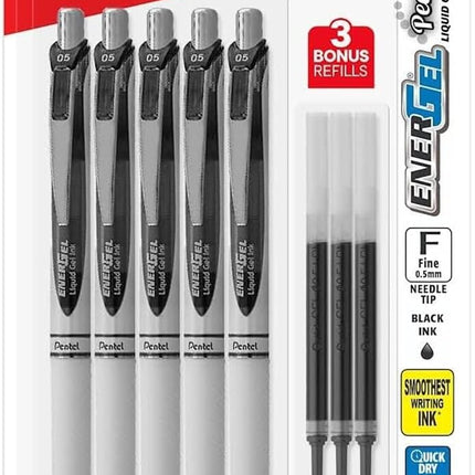 Pentel Energel Rtx Retractable Pearl Pens - Needle Tip - Fine Point, 0.5 mm - Energel Liquid Gel Ink Pens, Pack of 5,+ 3 Refills