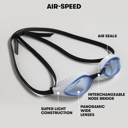 arena Air-Speed Unisex Adult Race Swimming Goggles, Standard Pool Goggles with Wide Anti-Fog Lenses, UV Protection, 3 Interchangeable Nose Bridges, Air Seals