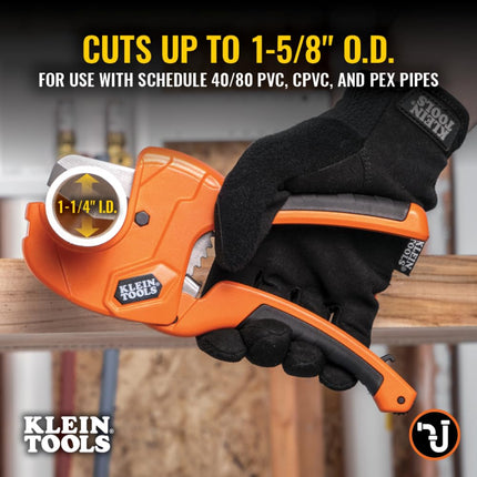 Klein Tools 50063 Ratcheting PVC Pipe Cutter, Cuts 1-1/4-Inch I.D. PVC, CPVC, PEX Pipes, One-Handed Operation, Replaceable Blades