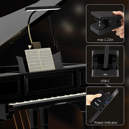 Professional Music Stand with 47 LEDs, Rechargeable Eye-Care Piano Clip On 4 Colours and 3 Brightness USB C Up to 110 Hours Running Time Portable Lamp for Musicians Large