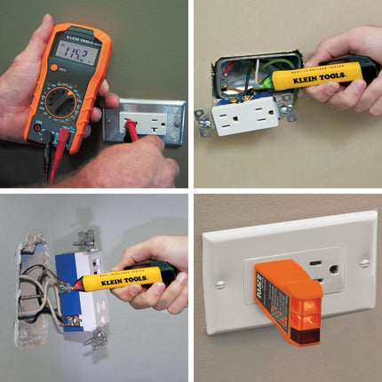 Klein Tools 80067 Kit de prueba eléctrica con termómetro digital IR, multímetro, probador de voltaje sin contacto tipo pluma y probador de receptáculos, 4 piezas