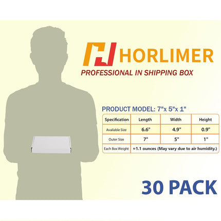 HORLIMER 7x5x1 Shipping Boxes Set of 30, White Corrugated Cardboard Mailer Box for Packing Small Business
