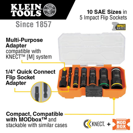 Klein Tools 65618 Juego de dados de impacto KNECT Flip-10 SAE, dados profundos con 5 dados flip codificados por color, 10 tamaños de dados SAE, adaptadores de 1/4 y 3/8 de pulgada y estuche MODbox
