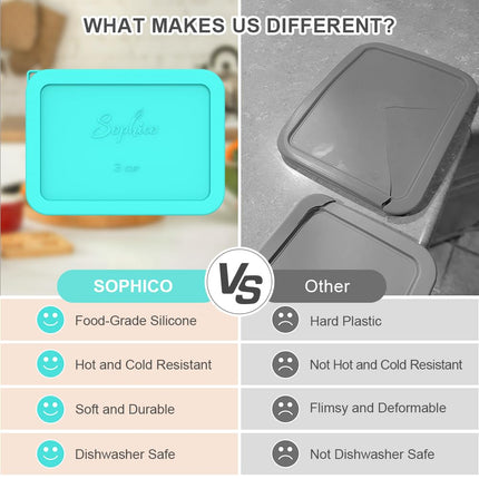 Sophico 3 Cup Rectangle Silicone Storage Cover Lids Replacement for Pyrex 7210-PC Glass Bowls, Container not Included (MINT, 1 Pack)