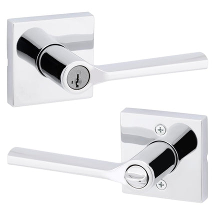 Kwikset Lisbon Square Entry Door Knob with Lock and Key, Secure Keyed Handle Exterior, Front Entrance and Bedroom, Polished Chrome, Pick Resistant SmartKey Rekey Security