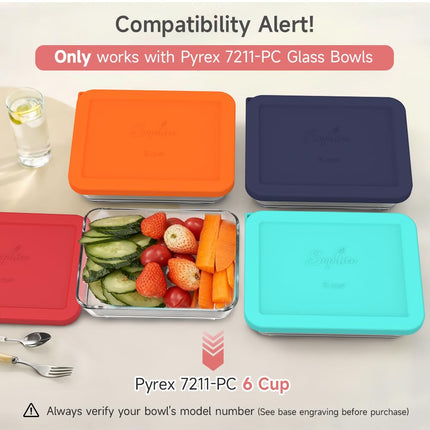 Sophico 6 Cup Rectangle Silicone Storage Cover Lids Replacement for Pyrex 7211-PC Glass Bowls, Container not Included (Red)