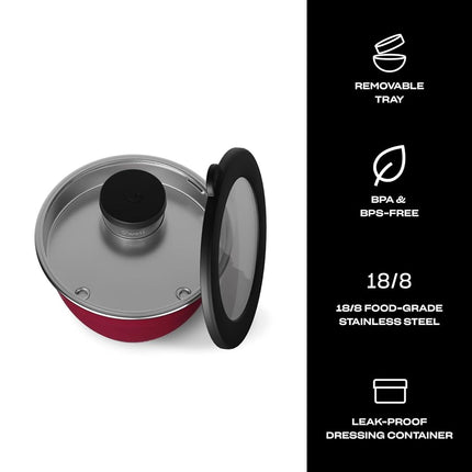 S'well Stainless Steel Salad Bowl Kit 64 Ounces Wild Cherry Comes with 2 Ounces Condiment Container and Removable Tray for Organization Leak-Proof, Easy to Clean, Dishwasher Safe