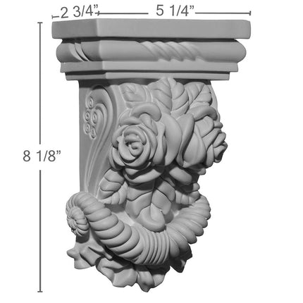 Ekena COR05X02X08RO 5 1/4" W x 2 3/4" D x 8 1/8" H Rose Corbel, Primed