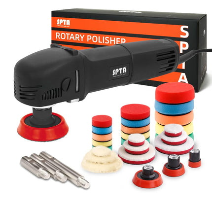 SPTA Mini Polishing Machine Buffer Rotary Polisher Auto Detailing Superpolish with 27Pcs Detail Polishing Pad Mix Size Kit Buffing Pad and 75mm ,100mm,140mm M14 Thread Extension Shaft