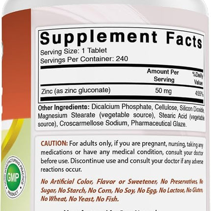 Best Naturals Zinc supplement as Zinc Gluconate 50mg 240 Tablets