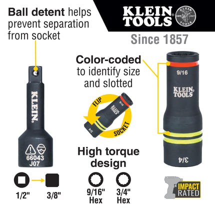 Klein Tools 66044 3-in-1 Flip Impact Socket, Alignment Slot, 9/16-Inch, 3/4-Inch Hex Sizes, 12-Point, 1/2-Inch to 3/8-Inch Square Adapter