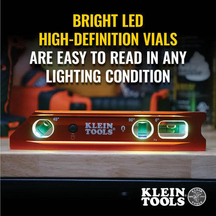 Klein Tools 935RBLT Level, Lighted Torpedo Level with Magnet, 3 Vials and V-Groove, Water and Impact Resistant, Great for Conduit Bending High-Visibility Orange