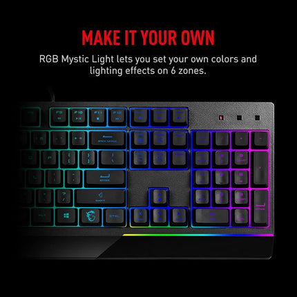 MSI Vigor GK30 RGB Gaming Keyboard, 6-Zone RGB Lighting, Water Repellent & Splash-Proof, Mechanical-Like Plunger Switches, Black