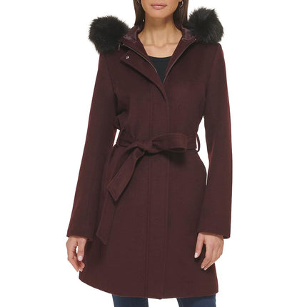Abrigo con Capucha para Mujer de Lana Resbaladiza de Cole Haan con Ribete de Piel Sintética Desmontable, Burdeos, 8