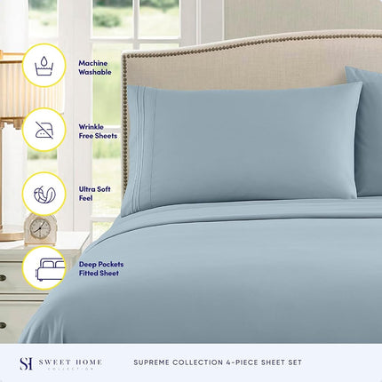 Sweet Home Collection Luxury Bedding Set with Flat, Fitted Sheet, 2 Pillow Cases, Microfiber, Misty Blue, Full